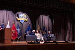 Retired U.S. Navy Vice Adm. Ann E. Rondeau, president of the Naval Postgraduate School (NPS), moderates a fireside chat with U.S. Navy Adm. Samuel J. Paparo, commander, U.S. Pacific Command, and Jensen Huang, founder and CEO of NVIDIA, at NPS in Monterey,
