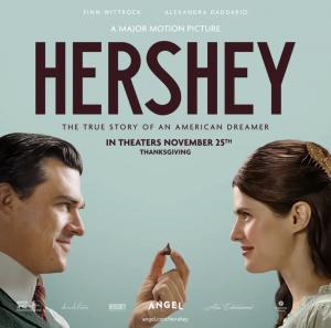 Milton and Kitty Hershey are shown sharing a Hershey kiss in a theater image for the upcoming movie, HERSHEY.