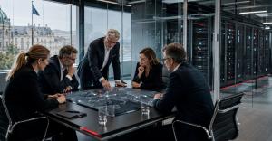 Executives reviewing sovereign AI infrastructure and secure data center architecture for board-level governance and control.