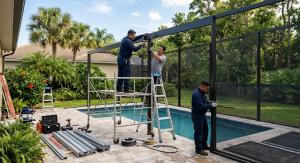 Three workers are assembling a screened enclosure by a backyard pool using ladders, scaffolding, and various tools on a sunny day.