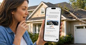 Smartphone screen showing a ChatGPT conversation where a homeowner asks who's the best roofer near me, with a sponsored roofing company ad appearing below the response