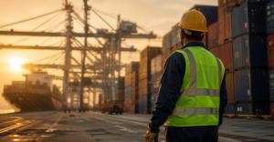 ILWU longshore dockworker in a hi-vis vest and hard hat at a Los Angeles/Long Beach container terminal at dawn.