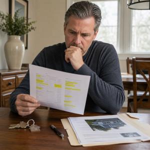 Concerned homeowner reviewing highlighted property-title documents at a dining table, with house keys, a pen, and real estate files nearby.
