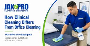 A JAN-PRO Cleaning & Disinfecting professional cleaning an exam table in a clinical office, illustrating how clinical cleaning differs from general office cleaning for outpatient practices.