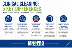 A JAN-PRO Cleaning & Disinfecting infographic showing five key clinical cleaning practices: cleaning before disinfecting, hospital-grade disinfectants, color-coded materials, documented protocols, and clinical-environment training.