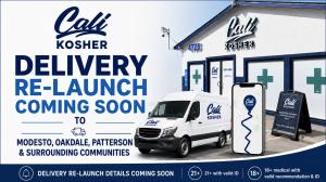 Cali Kosher delivery re-launch announcement featuring a branded delivery van, storefront, and mobile delivery map for Modesto, Oakdale, Patterson, and surrounding communities.
