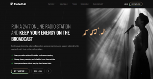 RadioCult homepage with the headline "Run a 24/7 online radio station" and buttons to start a free trial and book a call.