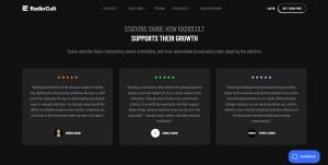 Three five-star customer testimonials from Oroko Radio, Zabrij Radio, and Temple Radio about scheduling, storage, and support on RadioCult.