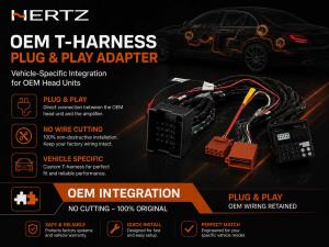 Hertz OEM T-harness with vehicle-specific connectors for integrating an amplifier into a factory audio system without cutting the original wiring.
