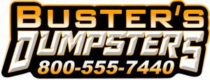 Buster's Dumpster Rentals LLC logo in black, yellow, and white with company name and phone number for dumpster rental in Lansing MI