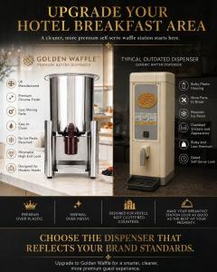 Side-by-side comparison of Golden Waffle’s premium stainless-steel hotel batter dispenser and a bulky plastic dispenser, highlighting its modern design, fewer moving parts, easy cleaning and no ice-pack requirement.