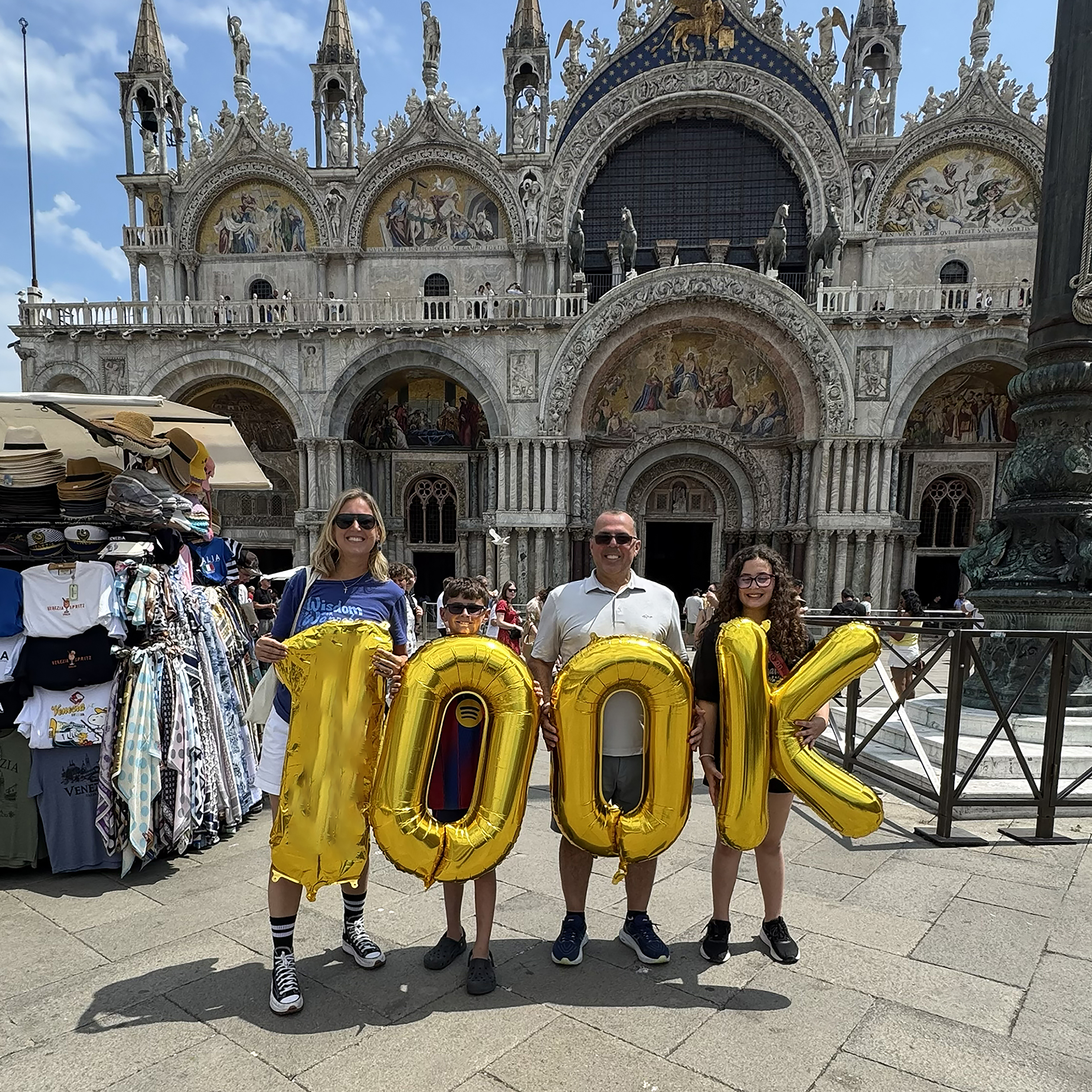Jackie Morreale and family celebrate Wisdom for Wannabes first year with 100K balloons in Venice's historic Piazza San Marco.