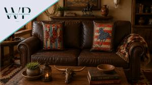 Image of a leather couch and patriotic throw pillows from WesternPassion.com