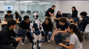 iCode Students work with a Humanoid Robot