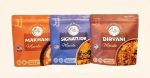 Three JJ Magic Masala cooking blend pouches—Makhani, Signature, and Biryani—displayed together on a light cream background.