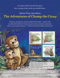 Santos Press promotional flyer featuring illustrations and covers for all four titles in "The Adventures of Chomp the Chimp" picture book series, featuring a quote of praise from Midwest Book Review.