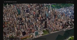 Photorealistic 3D city view of Manhattan shown inside the JanusHermes property search interface