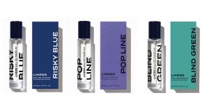 LIKE85 premium 15ml fragrance collection featuring RISKY BLUE, POP LINE, and BLIND GREEN with matching retail packaging.