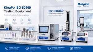 overview, showing reference connectors, Luer gauges, leakage test systems, force and torque testers for small-bore medical connector verification. KingPo ISO 80369 testing equipment for small-bore medical connector verification