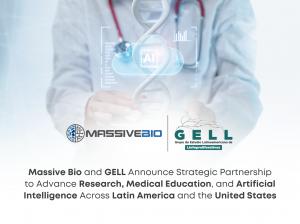 Graphic announcing a partnership between Massive Bio and GELL. Background shows a doctor in a white coat holding a glowing DNA helix with an AI chip icon inside a cloud graphic, plus binary code and a bar chart overlay. Below are the Massive Bio and GELL 