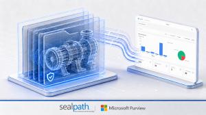 Illustration of protected CAD files connected to the SealPath monitoring dashboard for Microsoft Purview.