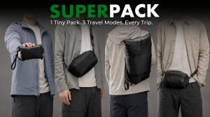 SUPERPACK 2.0 shown transforming from a pocket-sized pack into a sling, waist pack and 17L backpack.