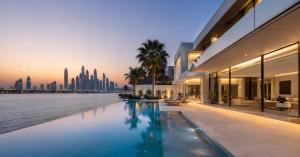 Dubai villa with lit pool at dusk