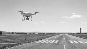 A drone hovering over an airport runway.