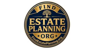 FindEstatePlanning.org logo, a gold and navy seal with a tree emblem, for a free national estate planning attorney directory and events calendar