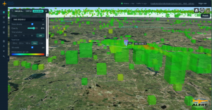 A live 3D airspace heatmap view in FlightHorizon ALERT, showing areas with detected airspace activity.
