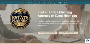 FindEstatePlanning.org home page with search options for estate planning attorneys and events