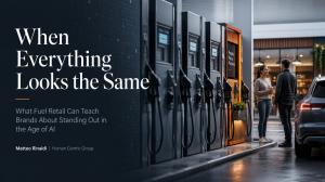 Editorial cover showing a row of fuel pumps, with one distinctive pump and two customers talking beside a car, illustrating how brands can stand out in commoditised markets.