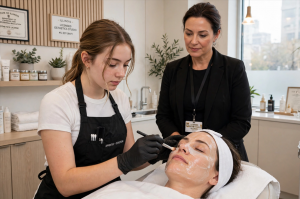 Apprentice esthetician applies a facial mask to a client under the supervision of a licensed esthetician in an Illinois spa treatment room.