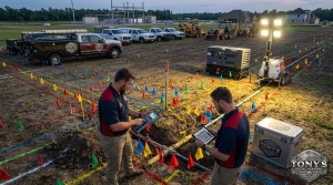 Fence professionals reviewing underground utility markings before fence installation in Louisiana