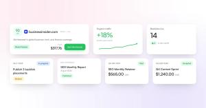 Unrivaled Access portal cards showing a publisher placement, organic traffic growth, live backlinks, a task, an SEO report, a paid invoice and an accepted estimate.