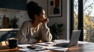 A woman sits at a kitchen table reviewing bills and documents beside a laptop, looking out a sunlit window with a thoughtful, concerned expression.