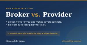 Broker vs. Provider comparison graphic: a life settlement broker represents the seller and makes buyers compete, while a provider buys the policy for itself.