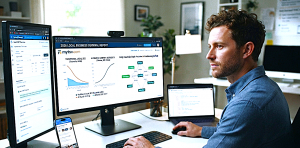 A professional man working at a multi-monitor desk in a home office. The main screen displays the "2026 LOCAL BUSINESS SURVIVAL REPORT" from 'mytsv.com,' with charts comparing the decline of "Traditional Local SEO" against the rise of "AI Search & Entity