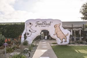Large white Feed Real Summit arch featuring illustrated dogs at the entrance to The Alexandria at Torrey Pines in San Diego.