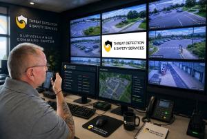 Security professionals monitor AI-powered security camera feeds inside the Threat Detection & Safety Services Command Center in Raleigh, North Carolina.