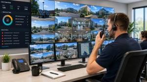 A security specialist sits in front of multiple surveillance monitors in the Threat Detection & Safety Services Command Center in Raleigh, North Carolina, actively monitoring live security camera feeds using AI-enhanced threat detection.