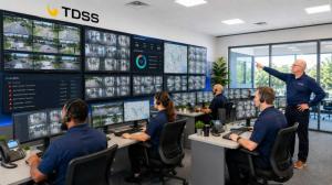 A licensed security monitoring specialist sits in front of multiple surveillance screens inside the Threat Detection & Safety Services Command Center in Raleigh, North Carolina, actively monitoring live security camera feeds with AI-assisted threat detect