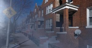 A photo of a Chicago residential street fades into a smoky haze, illustrating poor air quality.