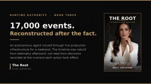 Graphic reading 17,000 events, reconstructed after the fact, beside the cover of The Root by Emily Hartstone.
