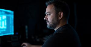 Paulo Teixeira, criador da engenharia de prompt NTC, de perfil diante do monitor com dados do benchmark de 27 modelos de inteligência artificial