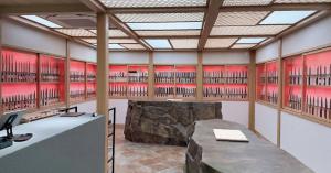 Japanese-inspired retail space at MUSASHI JAPAN Osaka Namba Ebisubashi Store with stone counters and illuminated knife displays