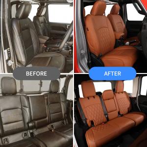Before and after comparison of brown EKR custom-fit car seat covers installed on front and rear vehicle seats