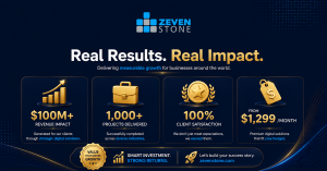Zevenstone LLC results infographic — $100 million plus revenue impact generated for clients, 1000 plus projects delivered across diverse industries, 100 percent client satisfaction, premium digital marketing solutions starting from $1299 per month — Ohio