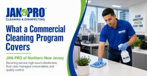 A JAN-PRO Cleaning & Disinfecting professional cleaning an office workspace, illustrating a recurring commercial cleaning program for businesses in Northern New Jersey.