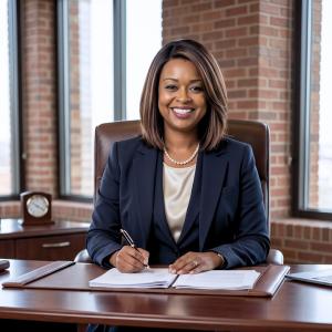 A professional portrait of Sonya Dunn seated at a wooden desk in a modern office, smiling while signing documents with a pen. She is wearing a navy blue business suit, a white blouse, and a pearl necklace. Large windows and exposed brick walls provide a b